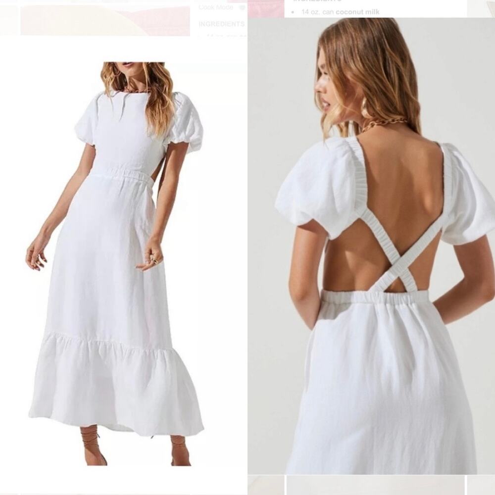ASTR Jelena open back puff sleeve midi dress white M linen cottagecore ruffle